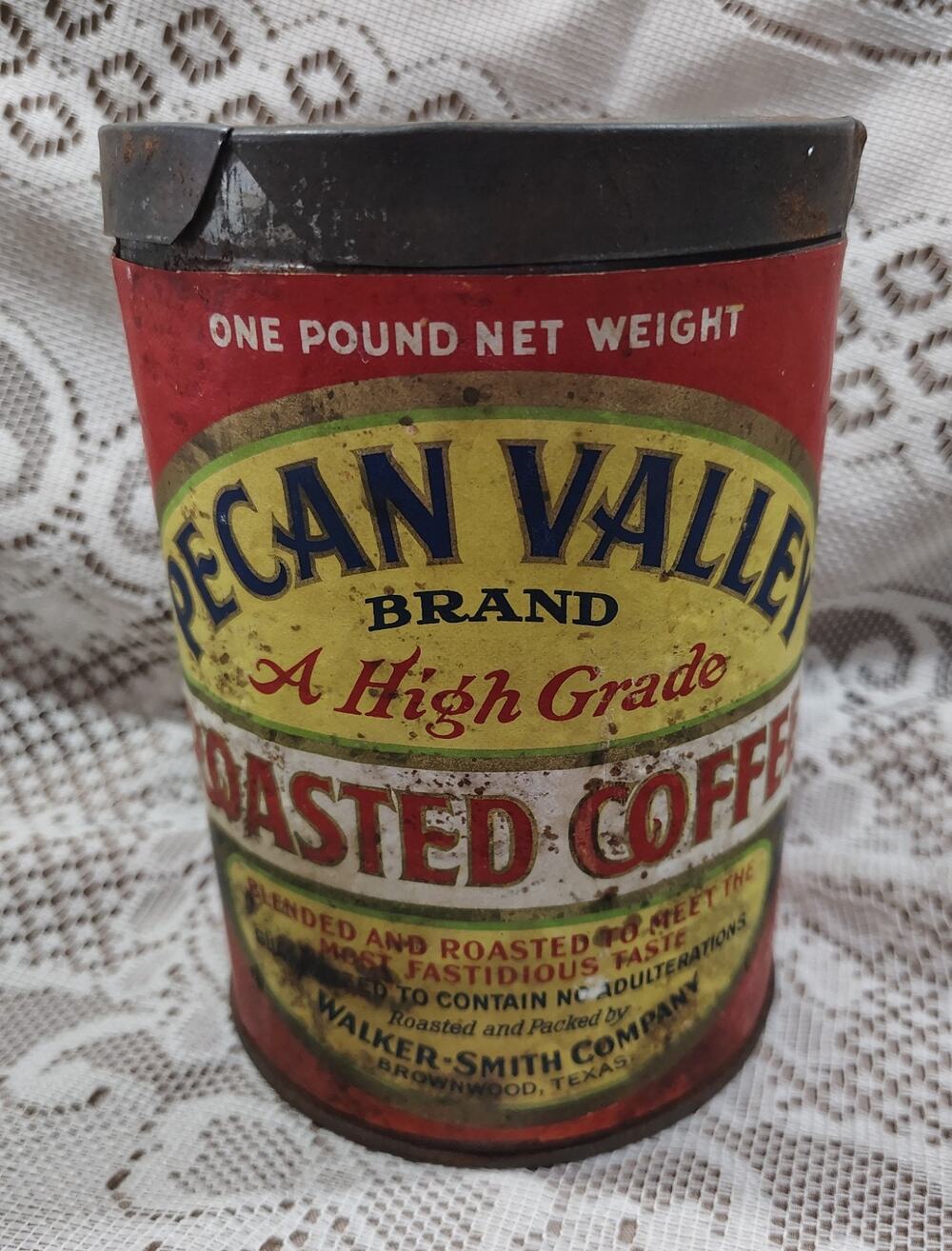 Vintage Pecan Valley Paper Label 1# Coffee Tin. Brownwood, Texas